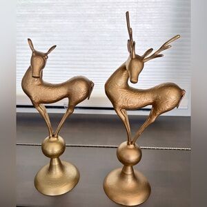 Set of 2 Vintage Ukrainian Metal Elegant Floral Embossed Gold Deer Figurines